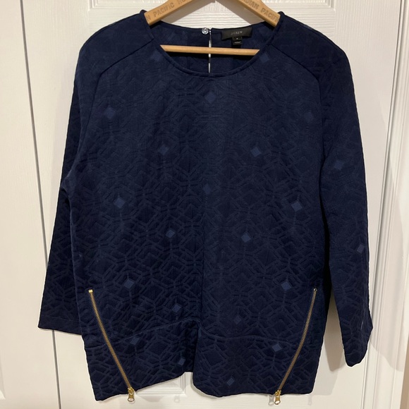J. Crew Matelasse Geometric 3/4 Sleeved Navy Blue Top Zip Sides Pullover Sz 6 - Picture 12 of 12